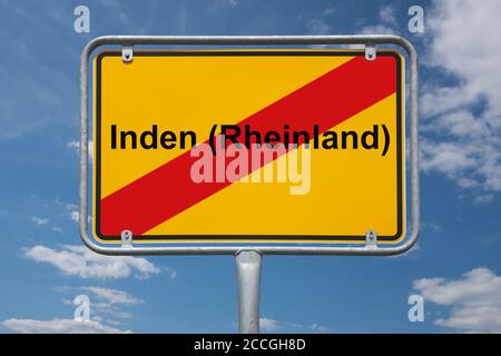 Ortstafel Inden (Rheinland), Nordrhein-Westfalen, Deutschland | indicazione della località Inden (Rheinland), Renania Settentrionale-Vestfalia, Germania, Europa Foto Stock