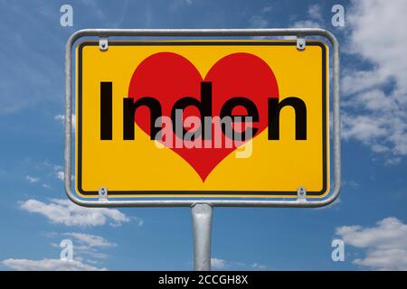 Ortstafel Inden, Nordrhein-Westfalen, Deutschland | indicazione per la località Inden, Nord Reno-Westfalia, Germania, Europa Foto Stock