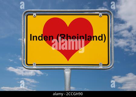 Ortstafel Inden (Rheinland), Nordrhein-Westfalen, Deutschland | indicazione della località Inden (Rheinland), Renania Settentrionale-Vestfalia, Germania, Europa Foto Stock