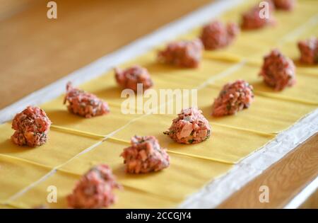 Produzione di gnocchi svevi, porzioni di ripieno di carne giacciono sull'impasto, Stoccarda, Baden-Württemberg, Germania Foto Stock