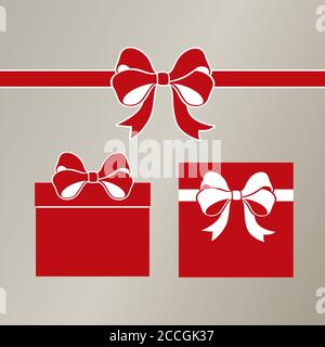 Set di semplici confezioni regalo rosse con prua e nastro con prua. Elementi di design per biglietti d'auguri, striscioni e poster. Auguri di festa e regalo Illustrazione Vettoriale