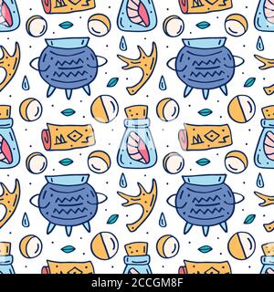 Stregoneria carino vettore doodle mano disegno senza giunture motivo, sfondo, texture. Isolato su sfondo bianco. Diversi strumenti magici, attrezzature. ALCHEM Illustrazione Vettoriale