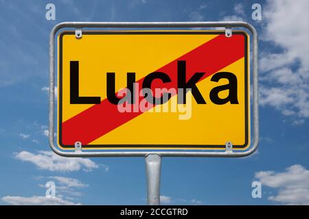 Ortstafel Lucka, Thüringen, Deutschland | cartello con la scritta Lucka, Turingia, Germania, Europa Foto Stock