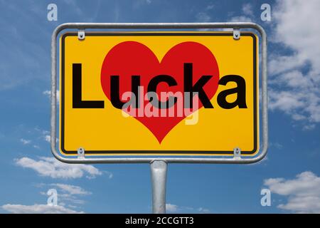 Ortstafel Lucka, Thüringen, Deutschland | cartello con la scritta Lucka, Turingia, Germania, Europa Foto Stock
