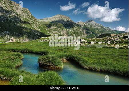 Maestoso paesaggio montano con fiume blu profondo in verde valle erbosa. Bella natura selvaggia Foto Stock