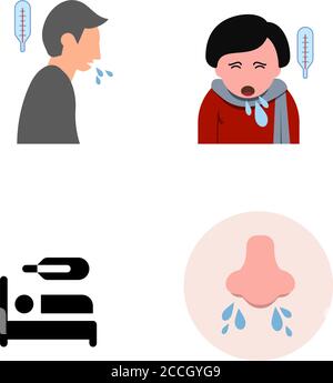 Prevenzione delle malattie influenzali, sintomi del freddo, set di icone a linea piatta. Vettore Illustrazione Vettoriale