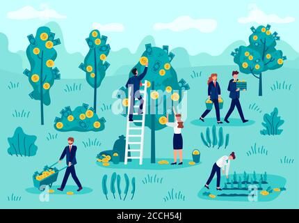 Concetto di investimento. Uomo d'affari che sceglie contanti, profitto finanziario, reddito di denaro, strategia di capitale di rendimento, concetto di vettore di reddito di investimento Illustrazione Vettoriale