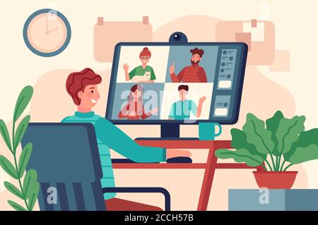 Videoconferenza. Uomini al monitor tiene riunioni virtuali collettive, chat online di lavoro remoto, concetto di teleconferenza su schermo vettoriale Illustrazione Vettoriale