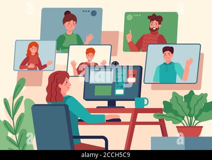 Videoconferenza. Donna a casa che chiacchiera con gli amici sullo schermo del computer, comunicazione online con i colleghi, concetto vettoriale di videochat Illustrazione Vettoriale