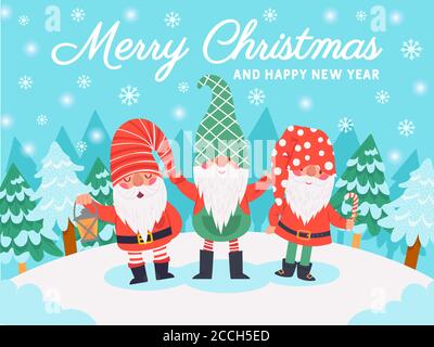 Gnomi personaggi di natale. Biglietto d'auguri natalizio con nane carine, elementi invernali e scritte, sfondo vettoriale delle vacanze di dicembre Illustrazione Vettoriale