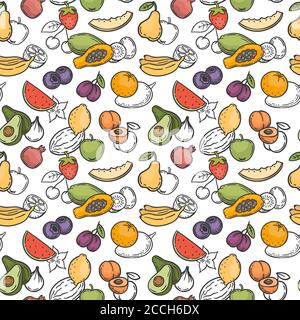 Doodle frutta senza cuciture modello. Frutti esotici disegnati a mano mango, arancia e limone, anguria, banana e kiwi carta da parati tessitura vettoriale Illustrazione Vettoriale