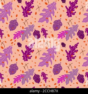 Motivo autunnale senza cuciture, set di silhouette viola disegnate a mano nella stagione della foresta autunnale, sfondo a colori cantalupe Illustrazione Vettoriale