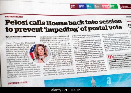 'Pelosi chiama House di nuovo in sessione per impedire 'di impedire Postal Vote' i titolo del giornale all'interno dell'articolo nell'agosto 2020 Londra Inghilterra Regno Unito Foto Stock