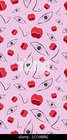 Modello senza cuciture di moda. Disegnare lo stile del pennello, l'illustrazione disegnata a mano del naso, degli occhi, delle labbra rosse. Vettore Illustrazione Vettoriale
