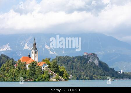 Primo piano dell'iconica isola slovena sul lago Bled, circondato da alberi e vegetazione, sotto un cielo estivo blu con nuvole soffici Foto Stock