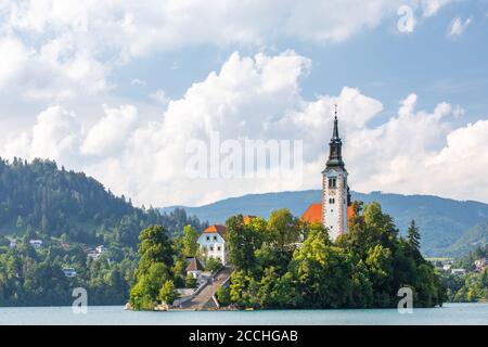 Primo piano dell'iconica isola slovena sul lago Bled, circondato da alberi e vegetazione, sotto un cielo estivo blu con nuvole soffici Foto Stock