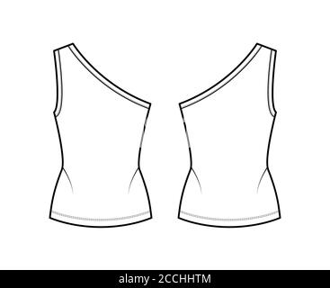 Canotta in Jersey stretch a una spalla illustrazione tecnica di moda con corpo montato, orlo allungato. Outwear piatto cami modello di abbigliamento anteriore, posteriore, colore bianco. Donna, uomo maglia unisex top mockup CAD Illustrazione Vettoriale