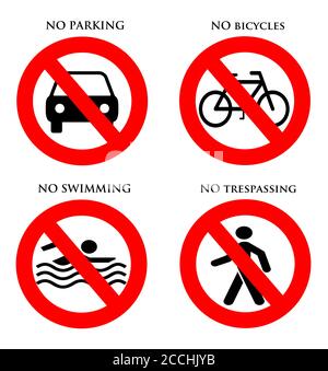 Segnali per No parcheggio, No biciclette, No nuoto, No respirare Foto Stock