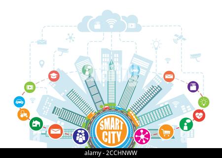 Concetto di città intelligente con intelligenza artificiale, Internet delle cose, servizi intelligenti avanzati, realtà aumentata, social network. Vettore Illustrazione Vettoriale