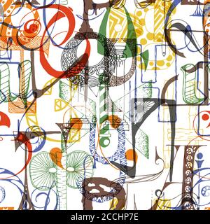 Modello senza giunture di lettere maiuscole cirilliche disegnate a mano. Diversi, strani e divertenti primi cappelli ornati. Illustrazione vettoriale senza fine Illustrazione Vettoriale