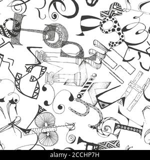 Modello senza giunture di lettere maiuscole cirilliche disegnate a mano. Diversi, strani e divertenti primi cappelli ornati. Illustrazione vettoriale senza fine Illustrazione Vettoriale