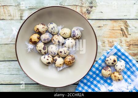 Uova di quaglia all'interno di un piatto decorativo e su uno sfondo Foto Stock