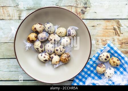 Uova di quaglia all'interno di un piatto decorativo e su uno sfondo Foto Stock