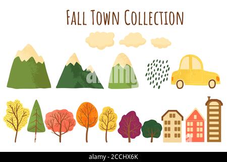 Collezione autunnale con alberi, montagne, case, auto e icone nuvole. Set costruttore per il concetto di paesaggio delle cascate colorate in stile piatto cartoni animati. Ve Illustrazione Vettoriale