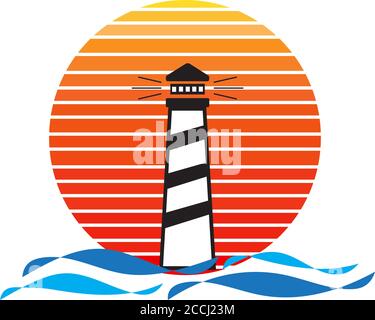 Vettore di faro sul mare e tramonto sullo sfondo. Disegno dell'illustrazione del logo della società di navigazione marittima Illustrazione Vettoriale
