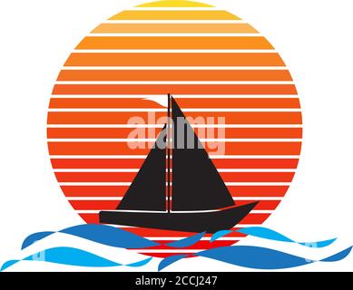 Vettore di barca a vela sul mare e tramonto sullo sfondo. Silhouette di trasporto della nave a vela logo dell'azienda disegno illustrativo Illustrazione Vettoriale