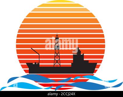 Vettore di drill-ship sul mare e tramonto sullo sfondo. Design illustrativo del logo della silhouette dell'azienda petrolifera e del gas Illustrazione Vettoriale