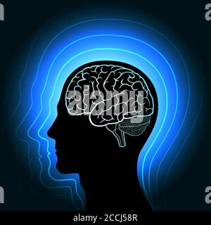 Una testa umana con un profilo incandescente del cervello e irradiata da lei in onde. Il concetto di connessione dell'uomo con l'Universo Illustrazione Vettoriale