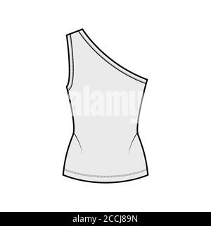 Canotta in Jersey stretch a una spalla illustrazione tecnica di moda con corpo montato, orlo allungato. Outwear piatto cami modello di abbigliamento frontale, colore grigio. Donna, uomo maglia unisex top mockup CAD Illustrazione Vettoriale