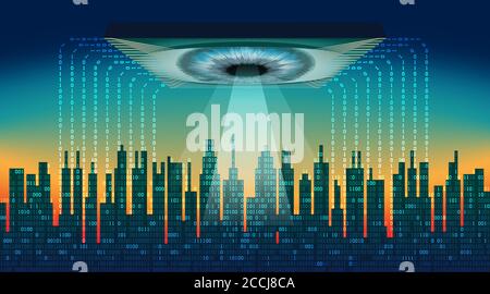 La città digitale. Concetto di occhio elettronico di grande fratello, tecnologie per la sorveglianza globale, sicurezza di computer e reti, flussi di dati Illustrazione Vettoriale
