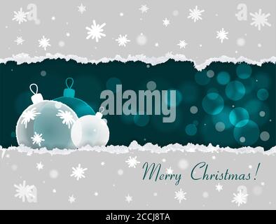 Natale e Capodanno sfondo vettoriale con un po 'di spazio per il testo. Cartolina di Natale con effetto di carta strappata fiocchi di neve Bokeh Illustrazione Vettoriale