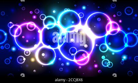 Colore neon bolle luminose, sfondo astratto multicolore con cerchi, scintille e bokeh Illustrazione Vettoriale