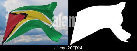 Bandiere sventolanti del mondo - bandiera della Guyana. Set di flag e illustrazione Alpha Matte 3D. Maschera di altissima qualità senza bordi indesiderati. Alta risoluzione Foto Stock