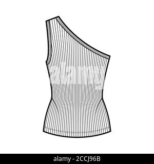 Canotta in Jersey stretch a coste a una spalla illustrazione tecnica della moda con vestibilità sottile e lunghezza della tunica. Outwear piatto cami top modello di abbigliamento frontale, colore bianco. Donna, uomo maglia unisex mockup CAD maglia Illustrazione Vettoriale