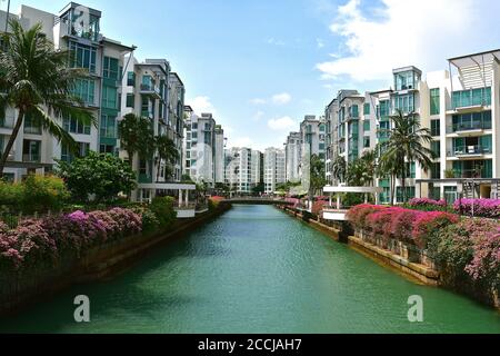 Vista prospettica degli appartamenti moderni su un canale fiancheggiato da bougainvillea Foto Stock