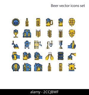 Elemento di base delle icone vettoriali della birra set.contiene una bottiglia, una lattina, un segno di luppolo, orzo e grano, serbatoio di fermentazione, caldaia, barile di birra alla spina, processo di birra, un Illustrazione Vettoriale