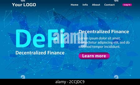 Defi - modello di sito di finanza decentralizzata su sfondo poligonale astratto blu. Layout dell'intestazione del sito Web con offerta speciale. Ecosistema dell'appl. Finanziario Illustrazione Vettoriale