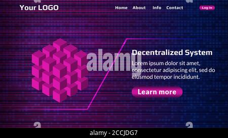 Modello di pagina iniziale del sito Web del servizio decentralizzato con sfondo digitale. Cubo isometrico come simbolo di decentramento. Layout dell'intestazione del sito Web. EPS1 Illustrazione Vettoriale