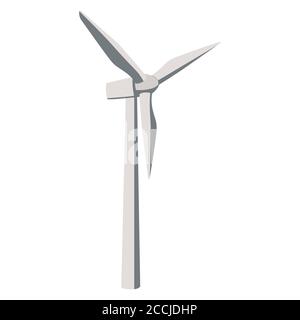 Wind fattoria in stile cartone animato isolato su bianco. Mulino a vento con tre lame su un albero alto. Energia eolica rinnovabile alternativa. EPS vettoriale 10. Illustrazione Vettoriale