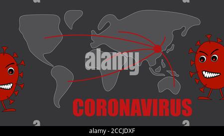 Mappa della diffusione del coronavirus globale dalla Cina. Linee sulla mappa provenienti dalla Cina in tutto il mondo. Due malvagi virus rossi ai lati. Horizo Illustrazione Vettoriale