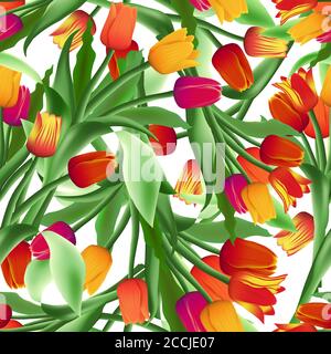 Splendido motivo floreale senza cuciture di tulipani realistici. Fiori vivaci bouquet di fiori. Boccioli rossi, gialli e viola. Vettore. Illustrazione Vettoriale