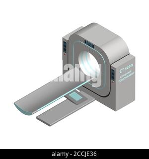 Tomografo isometrico сomputer isolato su sfondo bianco. Scansione RM/TC. Imaging a risonanza magnetica per il rilevamento di danni interni. Illustrazione Vettoriale