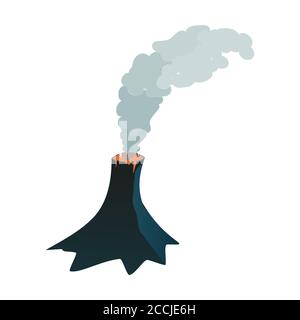 Piccolo vulcano fumetto con fumo isolato su bianco. Montagna scura con un'apertura arancione. Fumo grigio. Vettore EPS10. Illustrazione Vettoriale