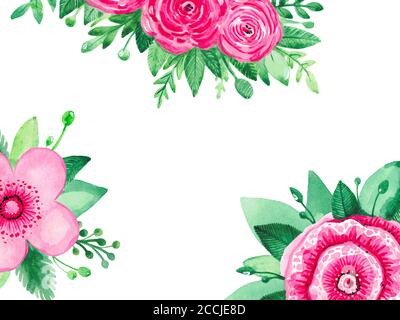 Acquerello illustrazione sfondo floreale banner per il tuo testo e il design. Fiori rosa in fiore e verde su sfondo bianco Foto Stock