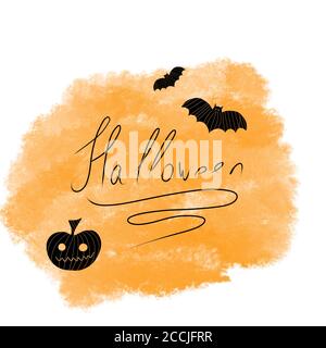 Buon banner di testo di Halloween con pipistrelli e zucca. Illustrazione disegnata a mano. Scritta halloween disegnata a mano. Foto Stock