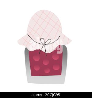 Vasetto marmellata DOodle, classico dessert fatto in casa in vaso di vetro con tappo in tessuto. Icona vettoriale isolata su sfondo bianco, illustrazione cartoon disegnata a mano Illustrazione Vettoriale